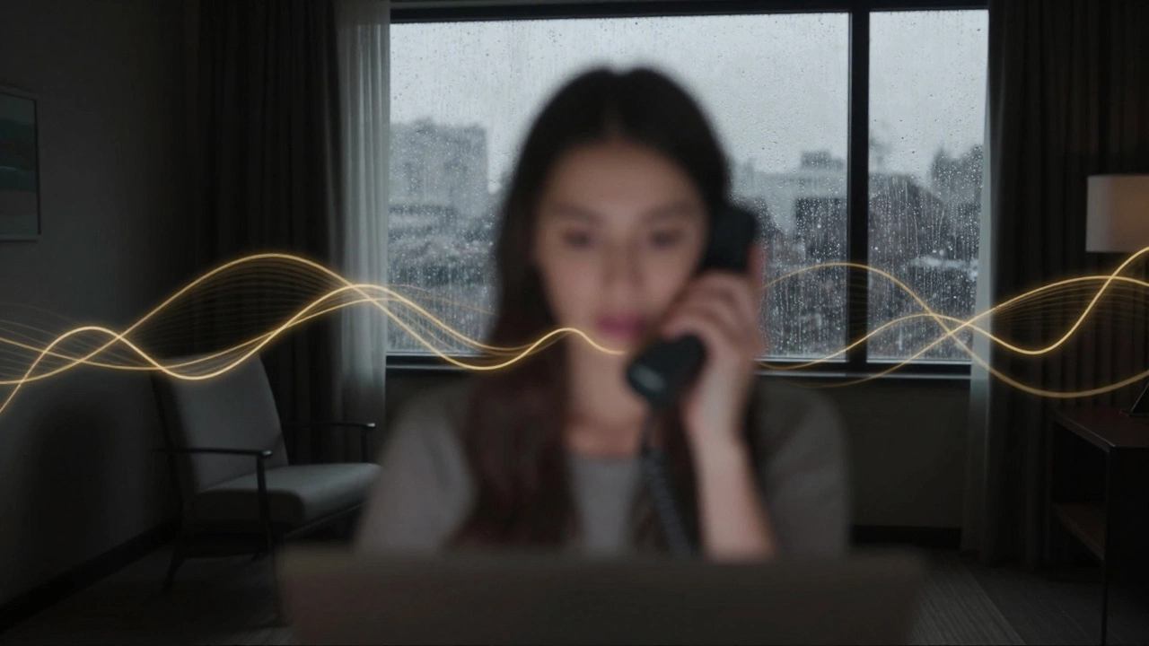 A blurred silhouette of a woman on a video call, emotional warmth radiating into a dark, empty hotel room with rain on the window.
