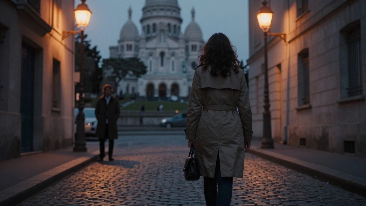 A woman walks alone through the softly lit streets of Montmartre at twilight, a distant figure waiting respectfully behind.