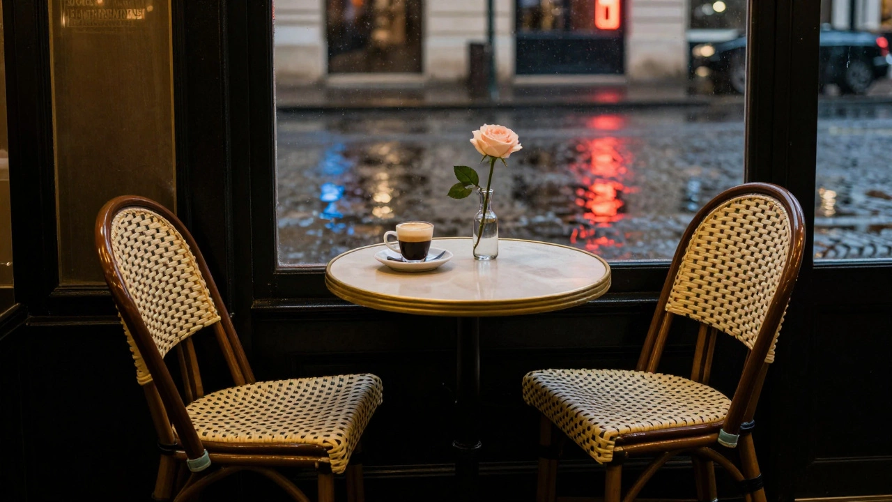 An empty Paris café table holds a half-drunk espresso and a single rose, rain glistening on the wet cobblestones outside.