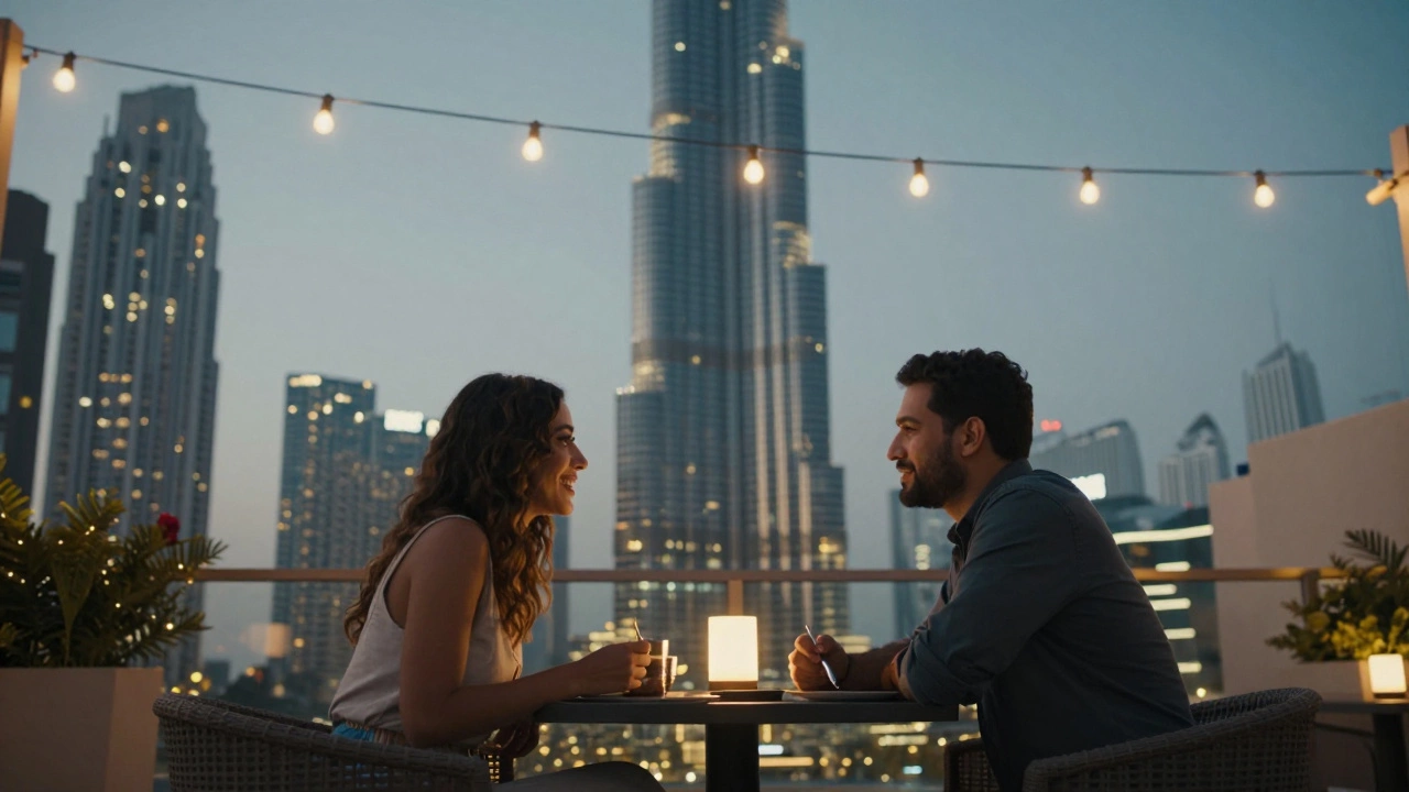Two people having a calm, intimate conversation on a Dubai rooftop at twilight, surrounded by soft lights and distant skyscrapers.